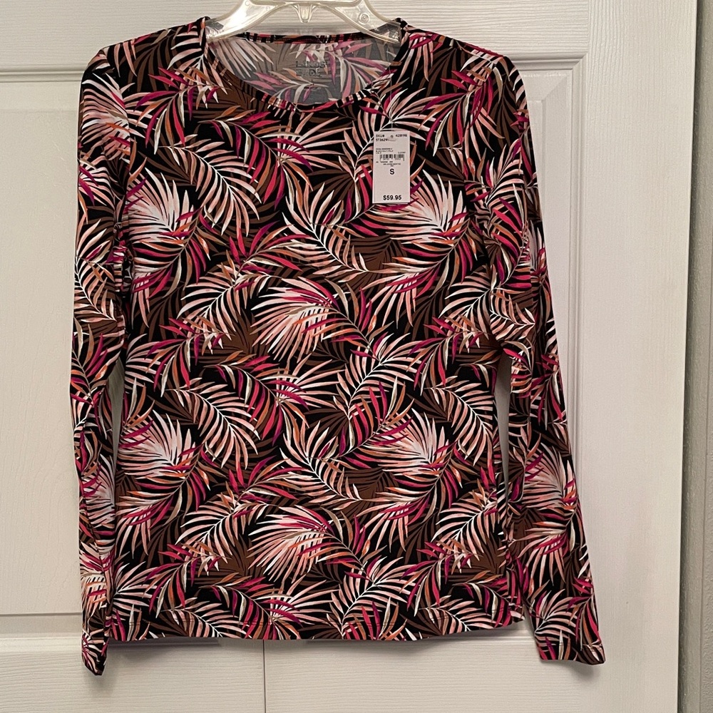 NWT $60 LANDS’ END Small Rash Guard Tee PALM Multi Colored w/Sun Protection S